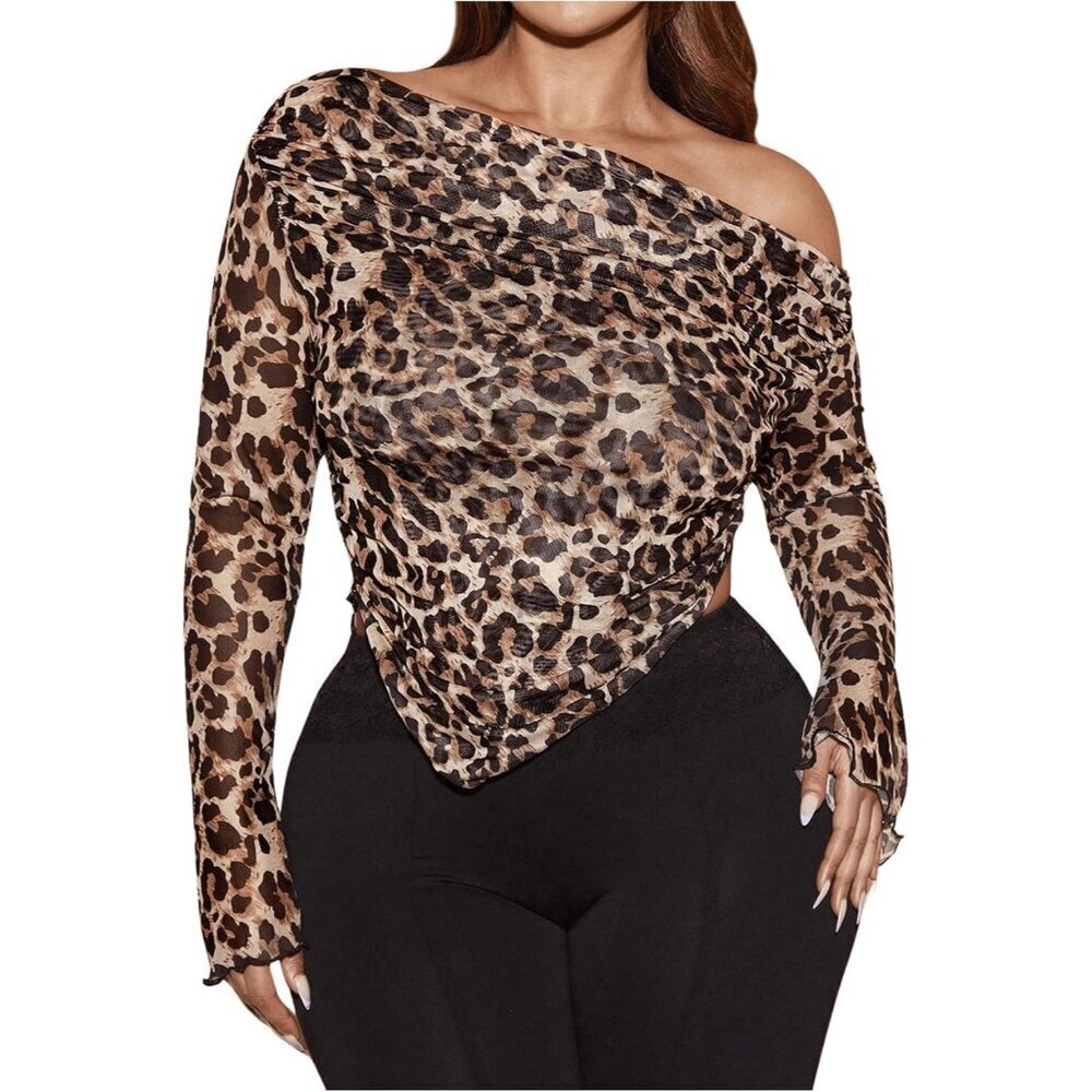 Women's Plus Size Leopard Print Off Shoulder T Shirt Ruched Hem Casual Fit
